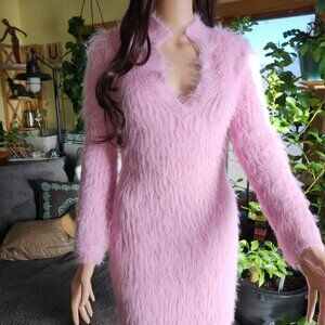 Fashion Nova L/S V Neck Pink Furry Fuzzy Knit Bodycon Column Dress